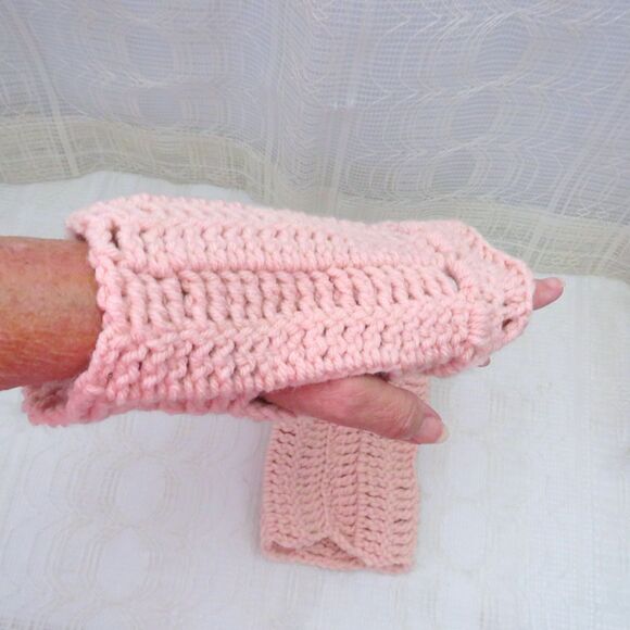Handmade Crocheted Peach Fingerless Gloves, Salmon Finglerless Mittens, Ruffled - Picture 3 of 5